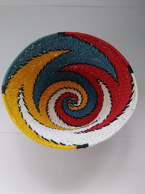 African Zulu Fair Trade Basket Bowl 10.5 Inches Across Multi Color Swirl