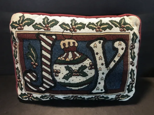 Christmas JOY Tapestry Throw Pillow Holly Berry Red Back Holiday Decor 12" x 8"