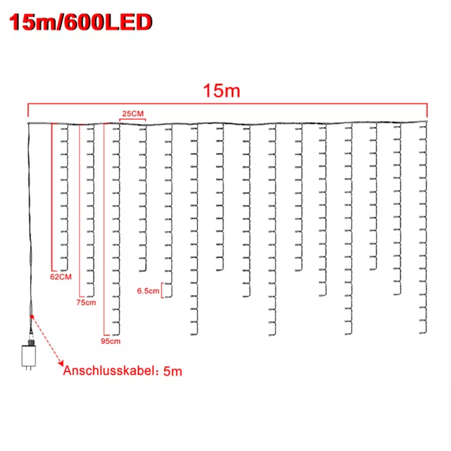 Cadena de luces LED lluvia de hielo cortina de luces exterior e interior decoración 600 LED 8 modos enchufe 2