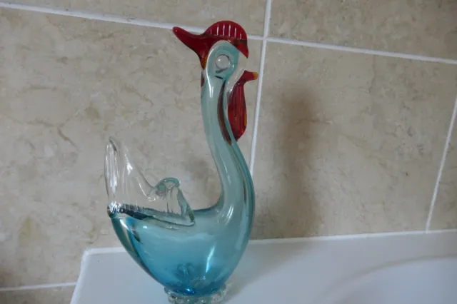 Murano Style 26.3Cm Blue Art Glass Chicken With Red Comb,Wattles & Beak Figurine