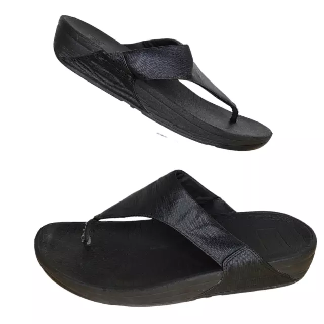 FitFlop Size 11 Lulu Thong Sandals Black Leather Flip Flops Slip On Toning