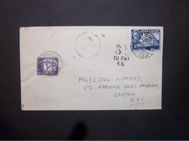 1949 Gold Coast KGVI 1d blue Envelope to London with 3d violet Postage Due