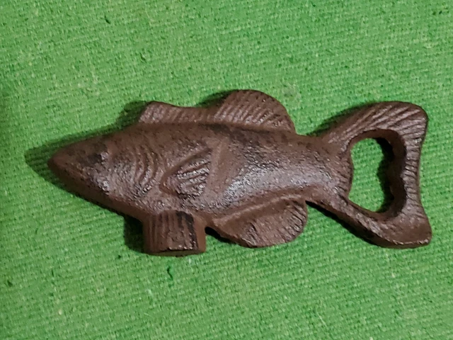 Vintage Cast Iron Beer Bottle Opener Fish Barware Fishing Decor Thick Heavy