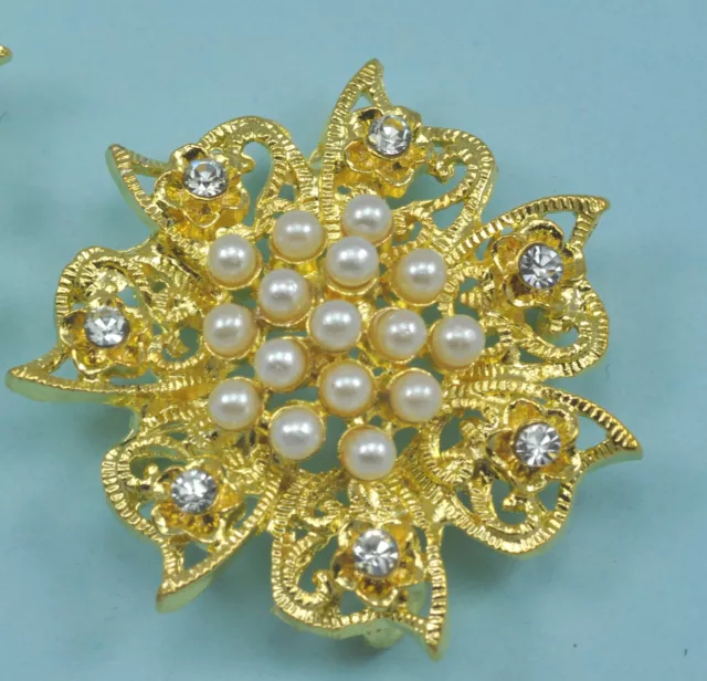 5x 3-strand Rhinestone Diamante Pearl Flower Gold Plated Connectors Joiners