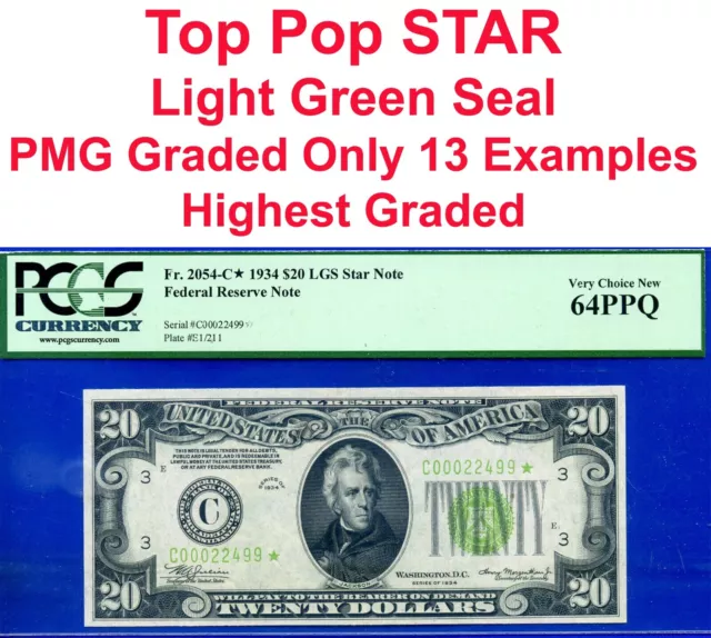 1934 $20 Federal Reserve Note PCGS 64PPQ rare light green seal star Fr 2054-C*