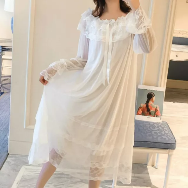 Lady Lolita Nightgown Lace Trims Retro Long Sleeve Nightdress Sleepwear Casual
