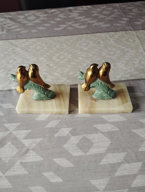 Paire De Serre-livres Anciens Art Déco - Marbre Et Régule Doré Avec Oiseaux