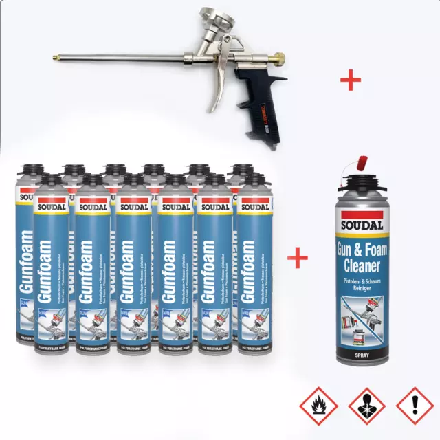 Bauschaum SET 12x 750 ml +1 Pistole + 1 Reiniger Montageschaum Pistolenschaum PU