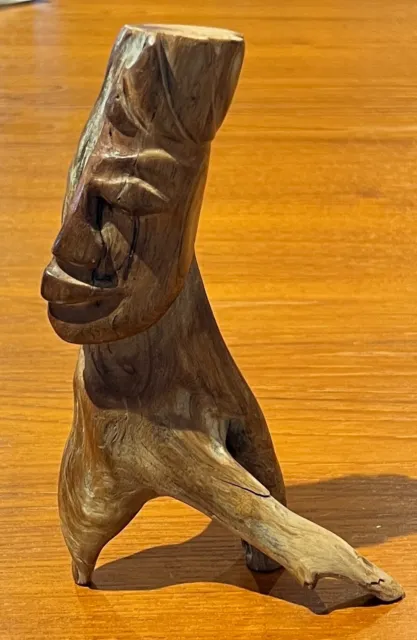 Unusual Vintage Wooden Hand Carved Signed Driftwood Sculpture Face 2