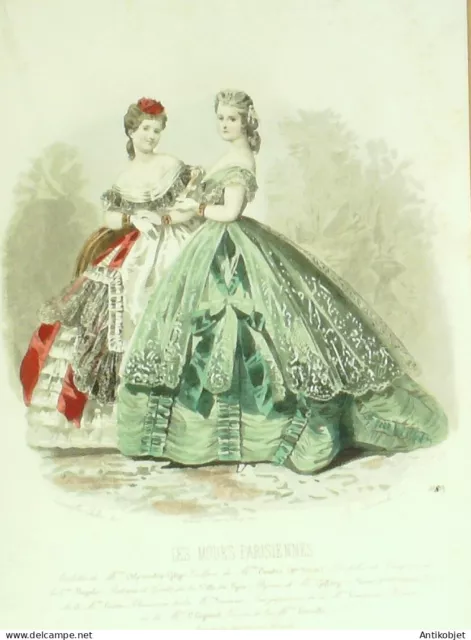 Gravure Modes parisiennes 1864 n°1089 Robe en lin et velours brodée