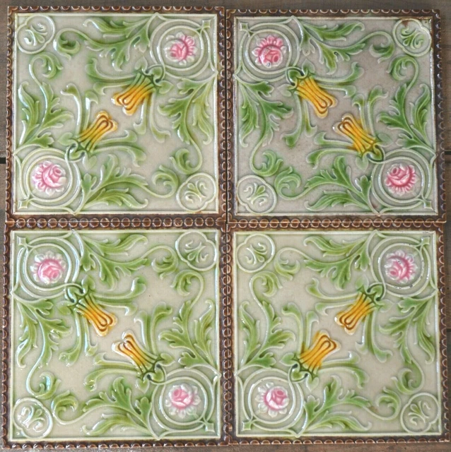 European Antique Art Nouveau Majolica 4-Set Tile C1900
