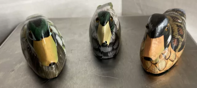 Wooden Glass Eyed Mallard Ducks Loons Wood Carved HandPainted Lot Of 4 EUC 2.5”