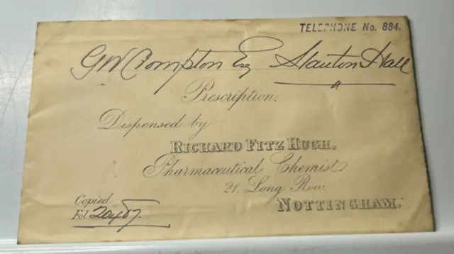 Antique Pharmacy Prescription Envelope Richard Fitz Hugh Chemists Nottingham