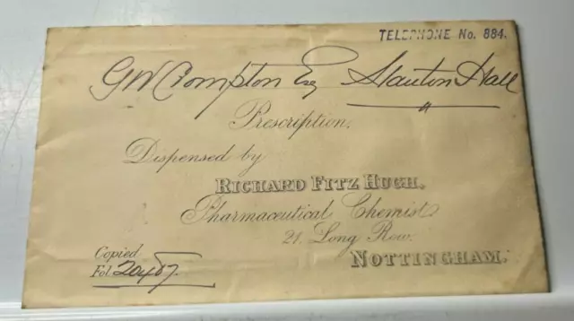 Antique Pharmacy Prescription Envelope Richard Fitz Hugh Chemists Nottingham