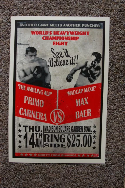 Max Baer  vs Primo Carne Fight Poster 1934 Madison Square Garden Bowl