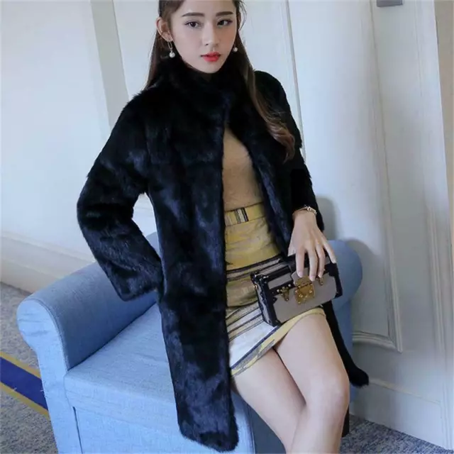 Womens Real Rabbit Fur Jacket Long Coat Retro Fur Outwear Winter Warm Overcoat