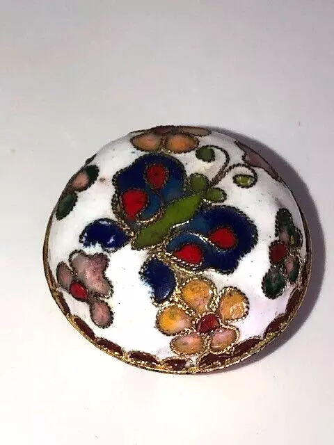 Vintage Tiny Cloisonne Enamel Trinket Box W/ Butterfly & Flowers