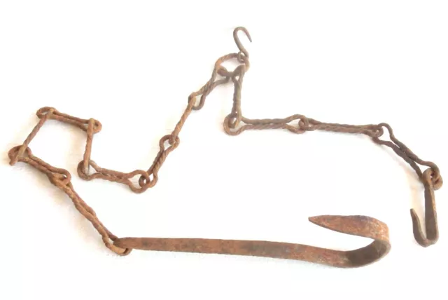 ANTIQUE forged CHAIN hearth FIREPLACE trammel lug pole HOOK twisted wrought iron