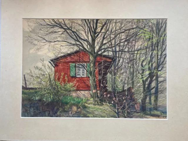 Aquarell Impressionist Max Friese kleines Sommerhaus im Frühling Landschaft