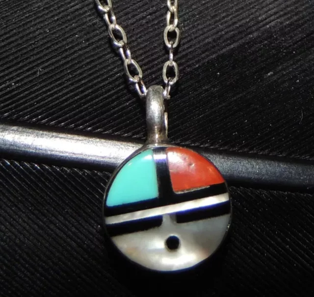 Beautiful Estate Sterling Silver Coral Turquoise Mop Sun Pendant Necklace 18"