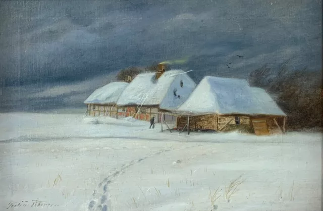 Ölbild Impressionniste Julius Petersen 1851-1911 Paysage Hivernal Avec Personne 3
