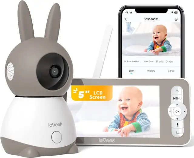 2K Baby Monitor Video E Audio Con 5" LCD, Telecamera Bambini Con Monitor Support