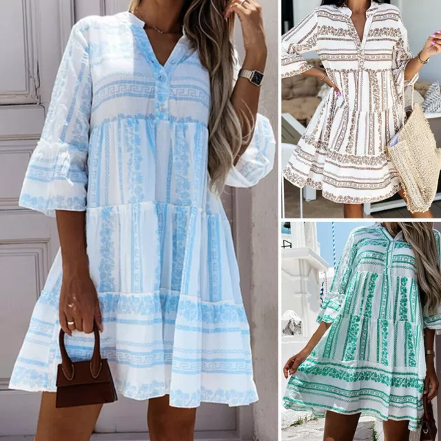 Womens Ruffle Boho Mini Dress Summer Holiday Swing Button V Neck Smock Dresses