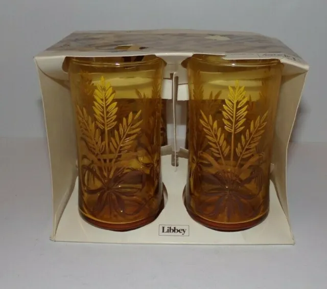 Libbey Bolero Set 4 Beverage Glasses 12oz Amber Glass Wheat Ribbon Pattern NOS