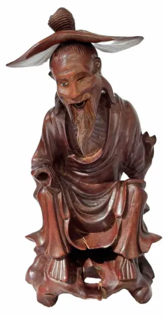 CHINESE 7.5” Hand Carved Wood •Sculpted Seated Elder Male Figure •Removable Hat