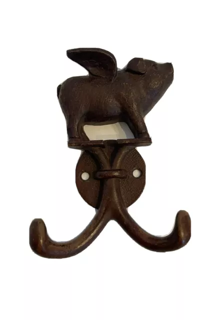 Flying Pig With Wings Wall Hook Cast Iron Key Towel Coat Hanger Rustic Brown (R)