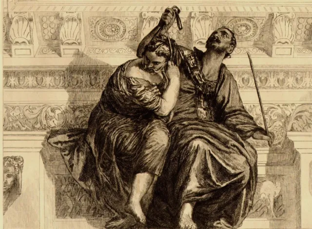 Eau-forte d'apres Veronese : LA VERTU BAILLONNE LE VICE, grav Ch. Courtry 1875