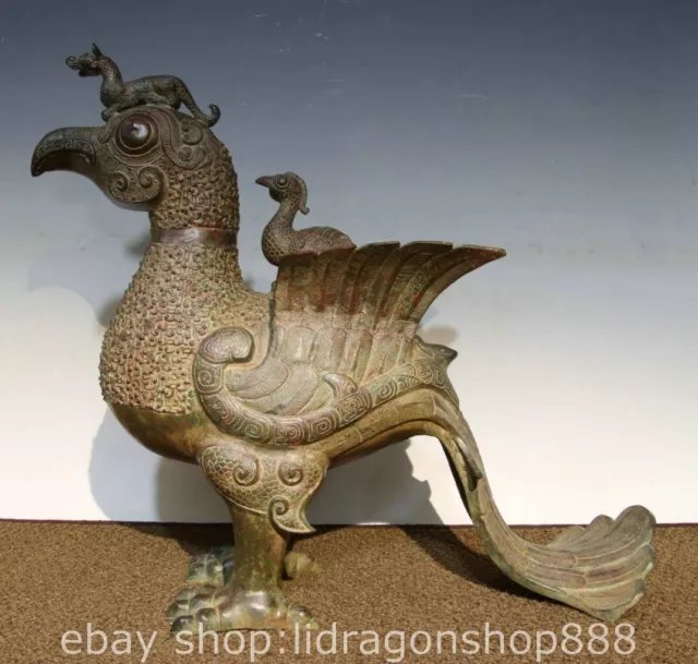 24.8" Ancient Chinese Bronze Ware Dynasty Inscription Phoenix Bird Zun Statue