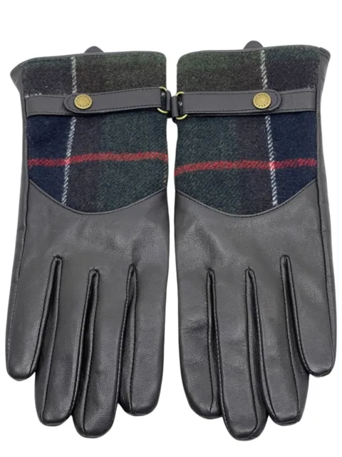 Barbour Dee Tartan Leather Gloves, Dark Brown, Size L,