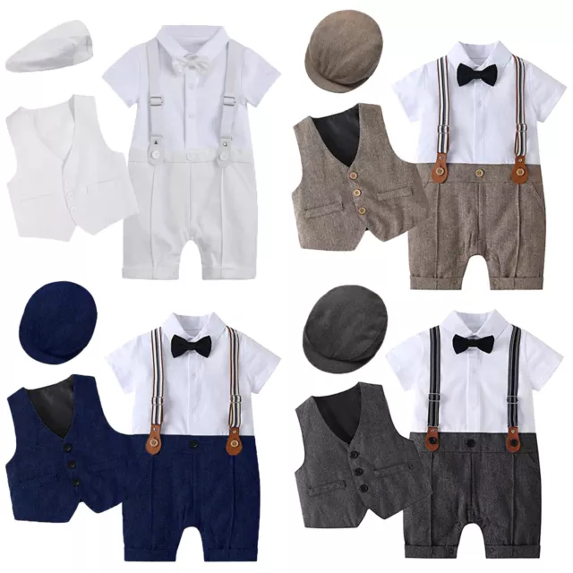 Baby Boys Gentleman Outfit Set Suspender Bow Tie Romper Vest Hat Party Suit