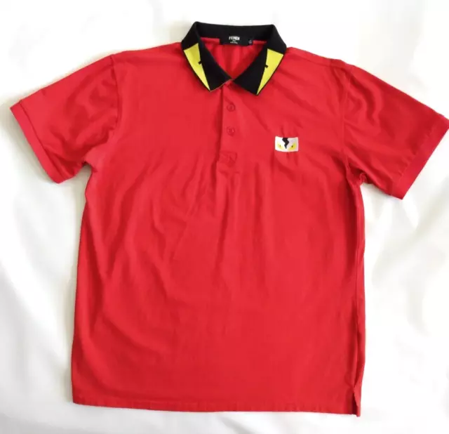 Fendi Mens Size XL Monster Eyes Collar & Embroidery Red Short Sleeve Polo Shirt