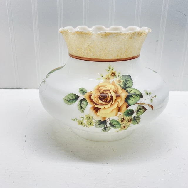 Vintage Milk Glass Ruffled Lamp Shade Handpainted Yellow Floral 6.75" Fitter