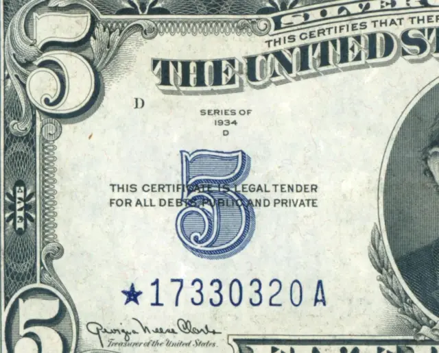 ** STAR ** $5 1934 D ((HIGHER GRADE AU)) Silver Certificate ** CURRENCY AUCTION