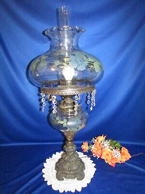 Vtg Gwtw Hurricane Parlor Table Lamp Clear Glass Handpainted Flower 32" W Prisms
