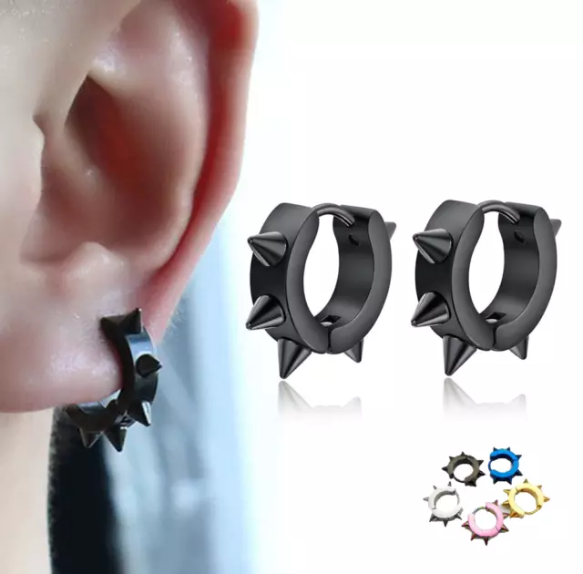 Pair Black Punk Spike Earrings Sharp Rivet Hoop Huggie Gothic Stainless Steel