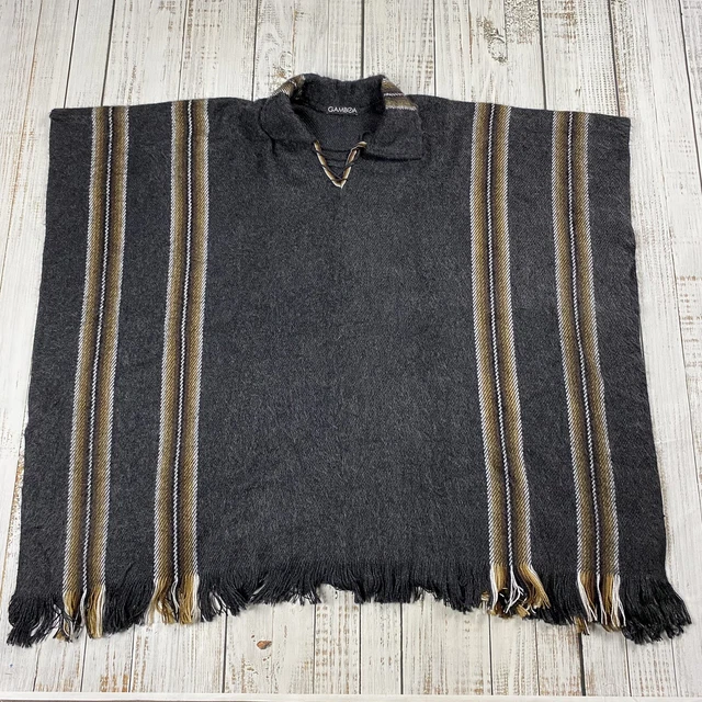 Gamboa Alpaca Wool Poncho Mens Serape Mexican Wool Charcoal Striped Fringe Osfa