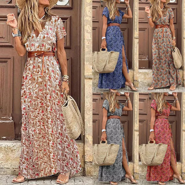 Floral Femmes Col V Robe Maxi Femmes Été Plage Vacances Décontracté Robe Chaud *