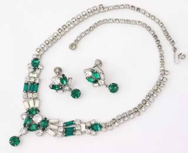 Vintage Unsigned Juliana Weiss Style Rhinestone Necklace Earring Set GreenSilver