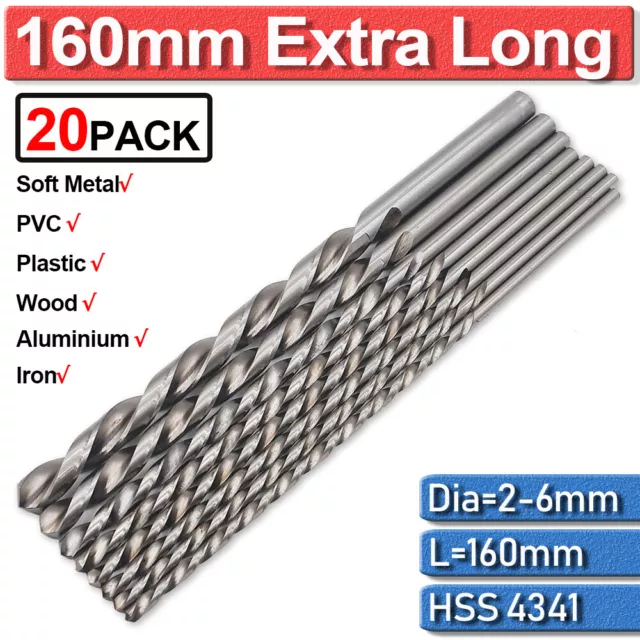 20Pc 160mm Extra Long High Speed Steel HSS Twist Drill Bits Metal Drilling 2-6mm