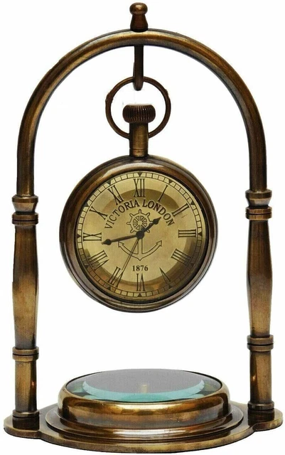 Antique Brass Hanging Decorative Clock With Compass Desk Watch Table Top Gift