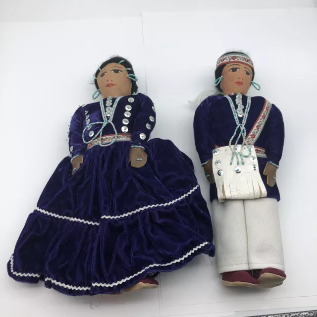 Pair of Navajo Indian Handmade Dolls Man Woman Matching Purple Clothes jewelry