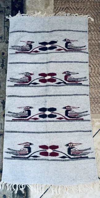 VTG Zapotec ? Hand Woven Wool Birds/Flowers Rug / Wall Hanging 60 x 28” Fringe