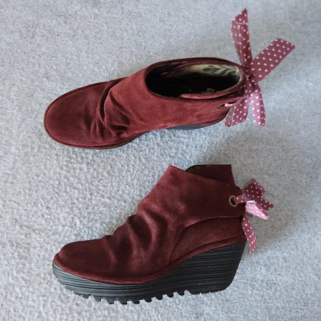 FLY LONDON YAMA Rust Oil Suede Tie-Back Wedge Ankle Boots Red-Brick ...