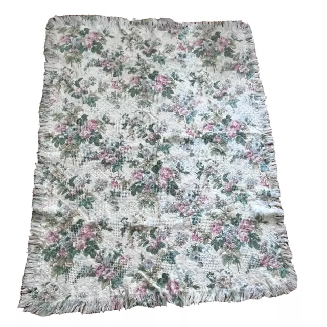 Shabby Pink Floral Woven Tapestry Throw Blanket 44 x 56" Fringe Cottage Country