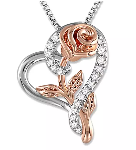 Collier de Fleur Rose Coeur Femme Fille Argent Bijoux Cristal Amour