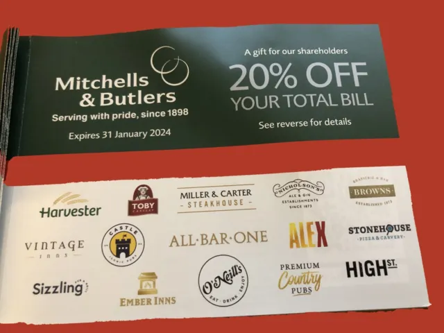 2x Mitchells & Butlers 20% Discount Vouchers - Miller & Carter - All Bar One etc